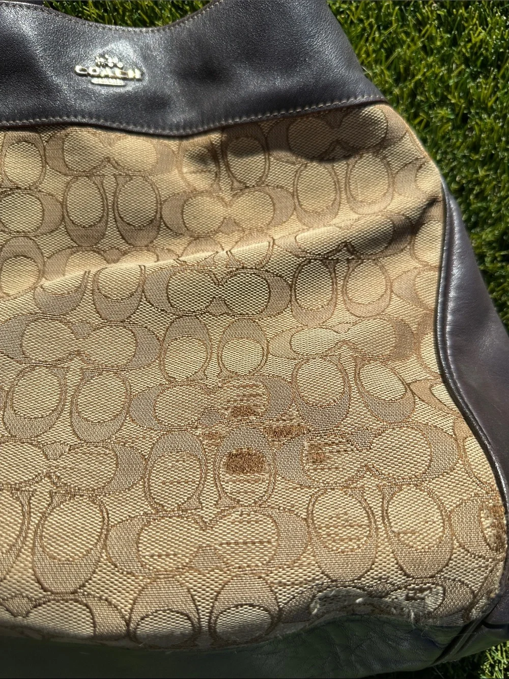 Well Loved Coach Khaki Signature Canvas Shoulder Tote with Brown Trim